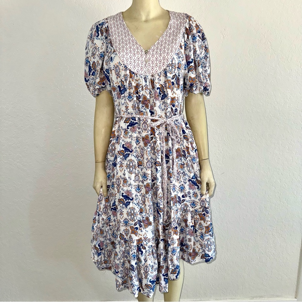 Lucky Brand Midi Dress Women's Size M Floral Boho Puff Sleeve Peasant Paisley